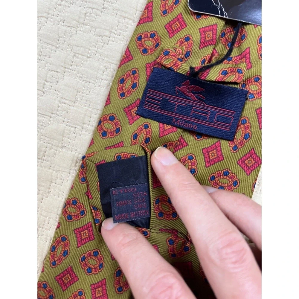 Etro Jacquard Silk Tie NWT Retro 1970s | Green‎ Red Blue | 54